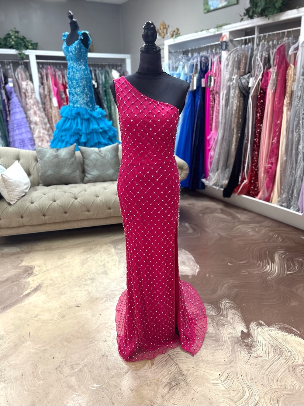 One-Shoulder Fuchsia Evening Gown with Crystal Accents